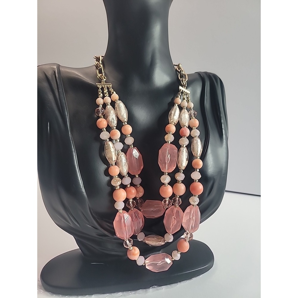 Multi Strand Pink Beaded Statement Necklace Pastel Gold Tone Fashion Jewelry
